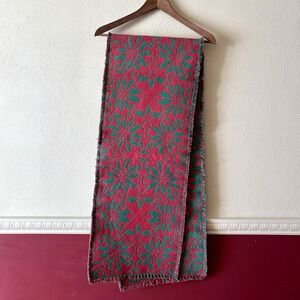 Vintage woven table runner reversible red green Christmas poinsettias